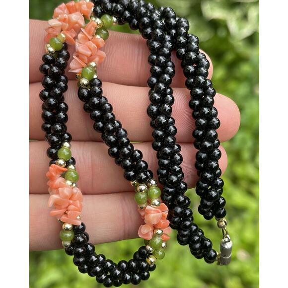 Coral Onyx VTG Pink Angel Skin Natural Necklace Collar Bead Braided Genuine - Picture 3 of 8